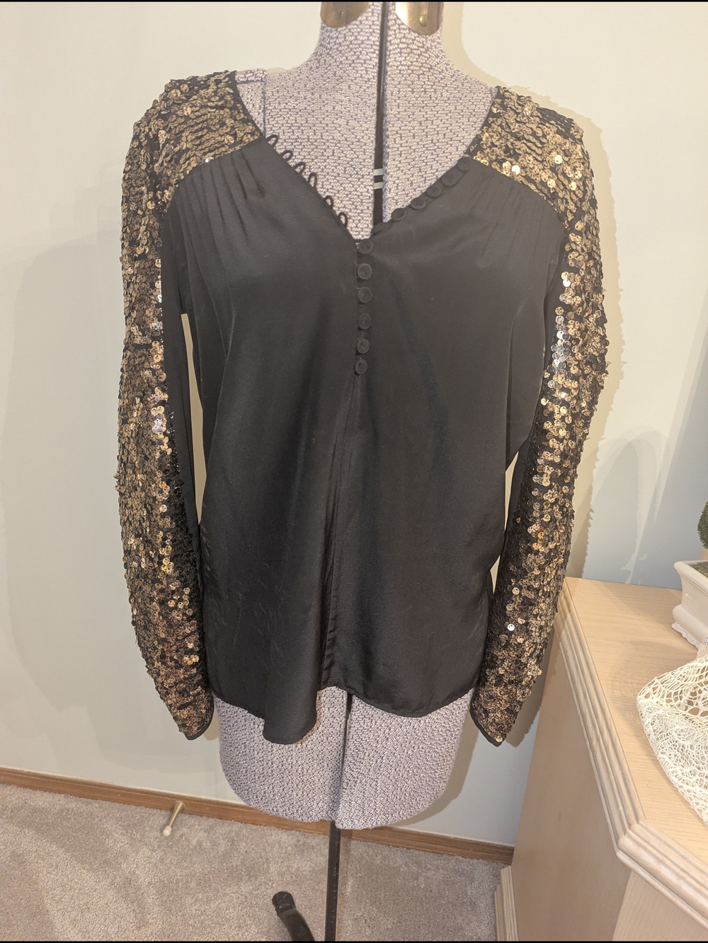 BCBGMaxAzria Black Blouse with Gold Sequin Sleeves